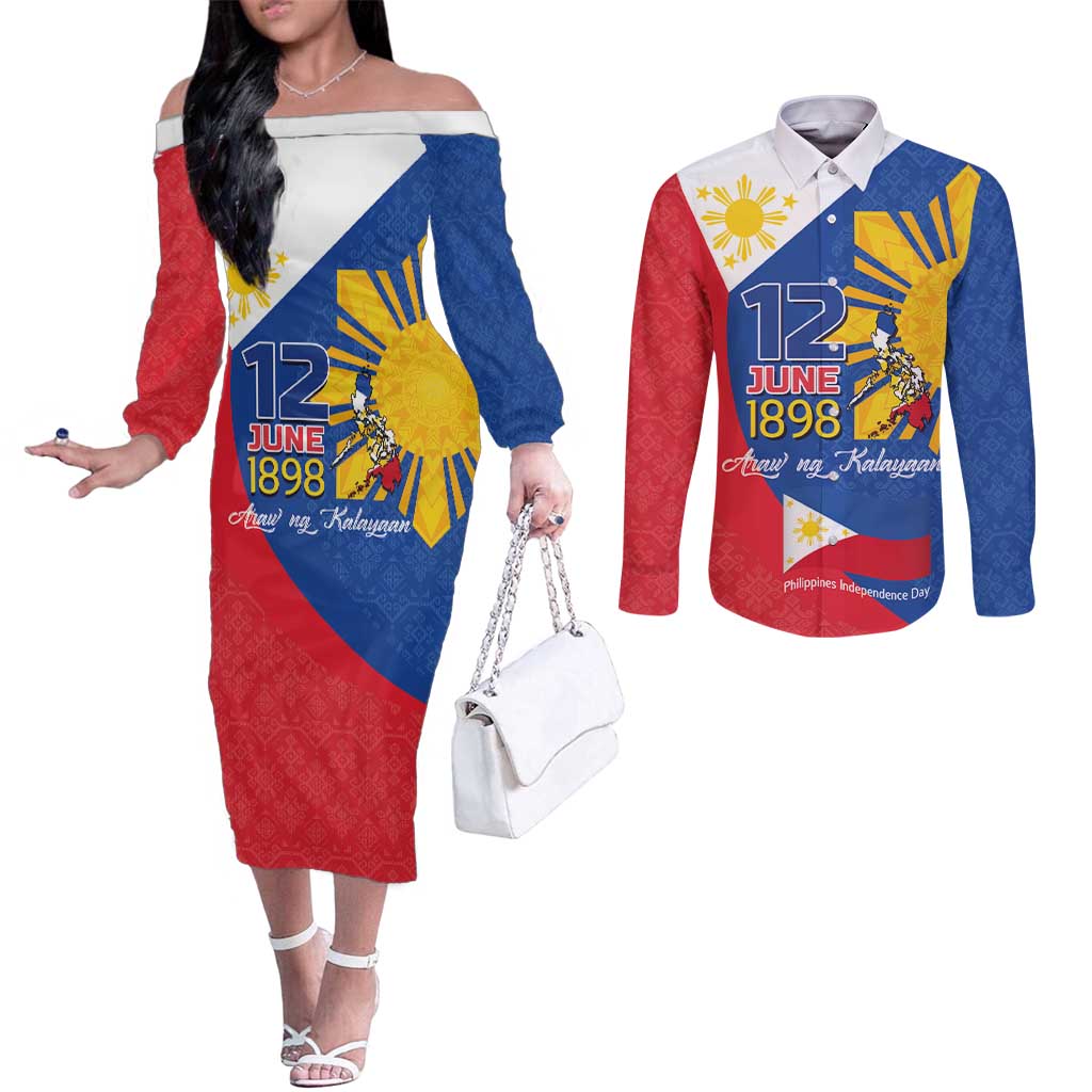 Philippines Independence Day Couples Matching Off The Shoulder Long Sleeve Dress and Long Sleeve Button Shirt Araw ng Kalayaan Polynesian Sun and YAKAN Pattern