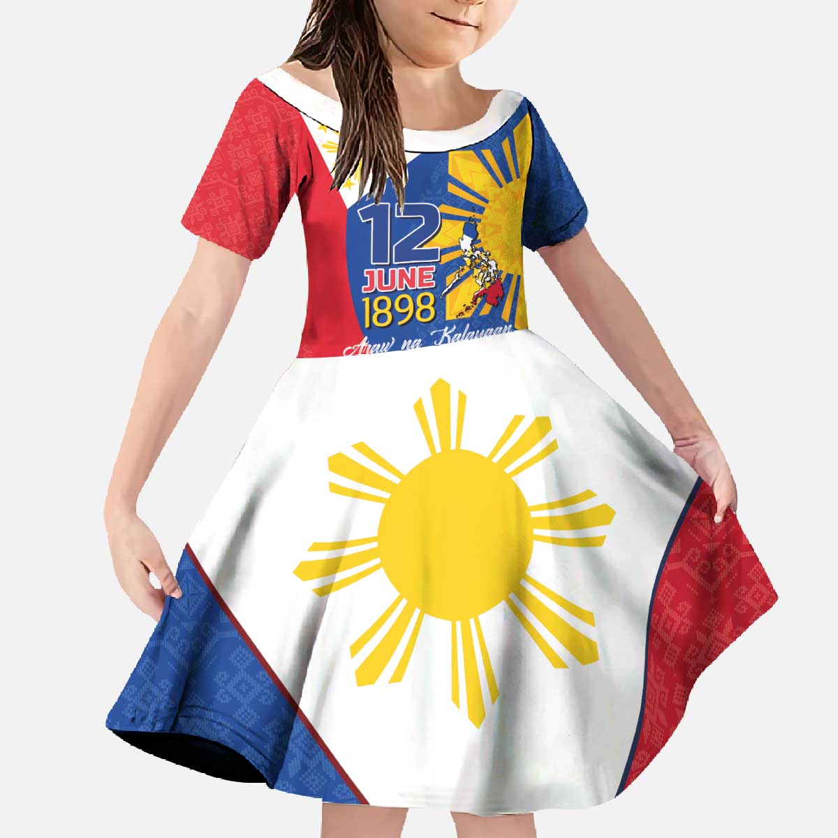 Philippines Independence Day Family Matching Off The Shoulder Long Sleeve Dress and Hawaiian Shirt Araw ng Kalayaan Polynesian Sun and YAKAN Pattern