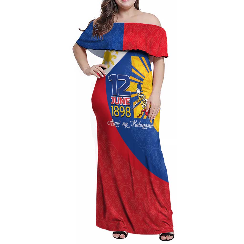 Philippines Independence Day Family Matching Off Shoulder Maxi Dress and Hawaiian Shirt Araw ng Kalayaan Polynesian Sun and YAKAN Pattern