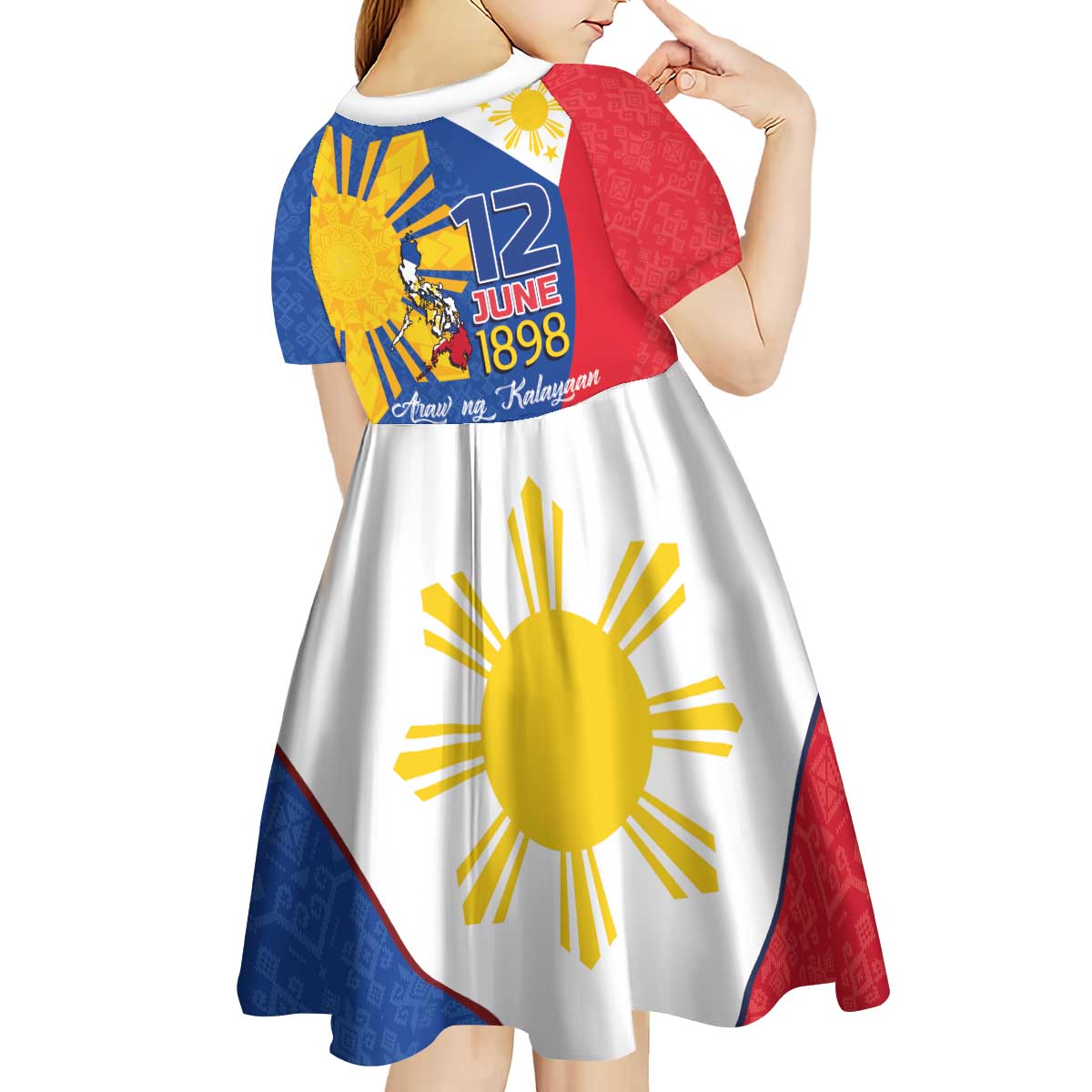 Philippines Independence Day Kid Short Sleeve Dress Araw ng Kalayaan Polynesian Sun and YAKAN Pattern