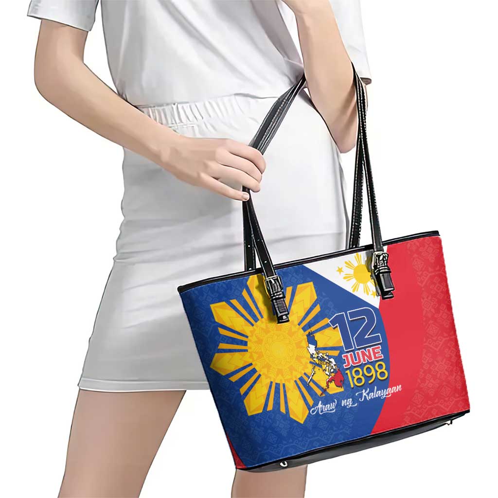 Philippines Independence Day Leather Tote Bag Araw ng Kalayaan Polynesian Sun and YAKAN Pattern