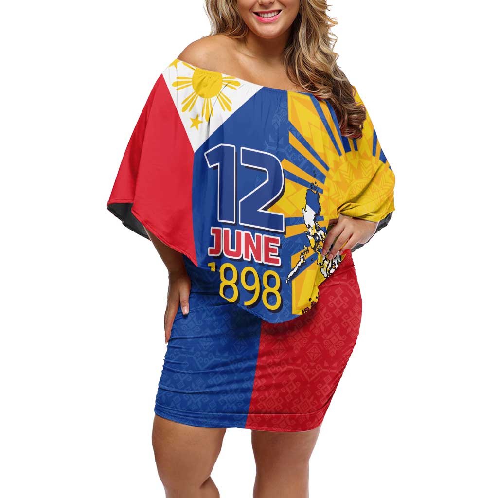 Philippines Independence Day Off Shoulder Short Dress Araw ng Kalayaan Polynesian Sun and YAKAN Pattern