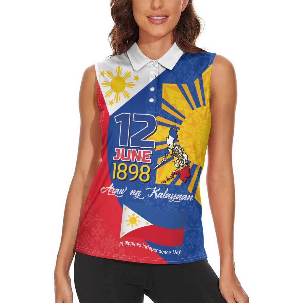 Philippines Independence Day Women Sleeveless Polo Shirt Araw ng Kalayaan Polynesian Sun and YAKAN Pattern
