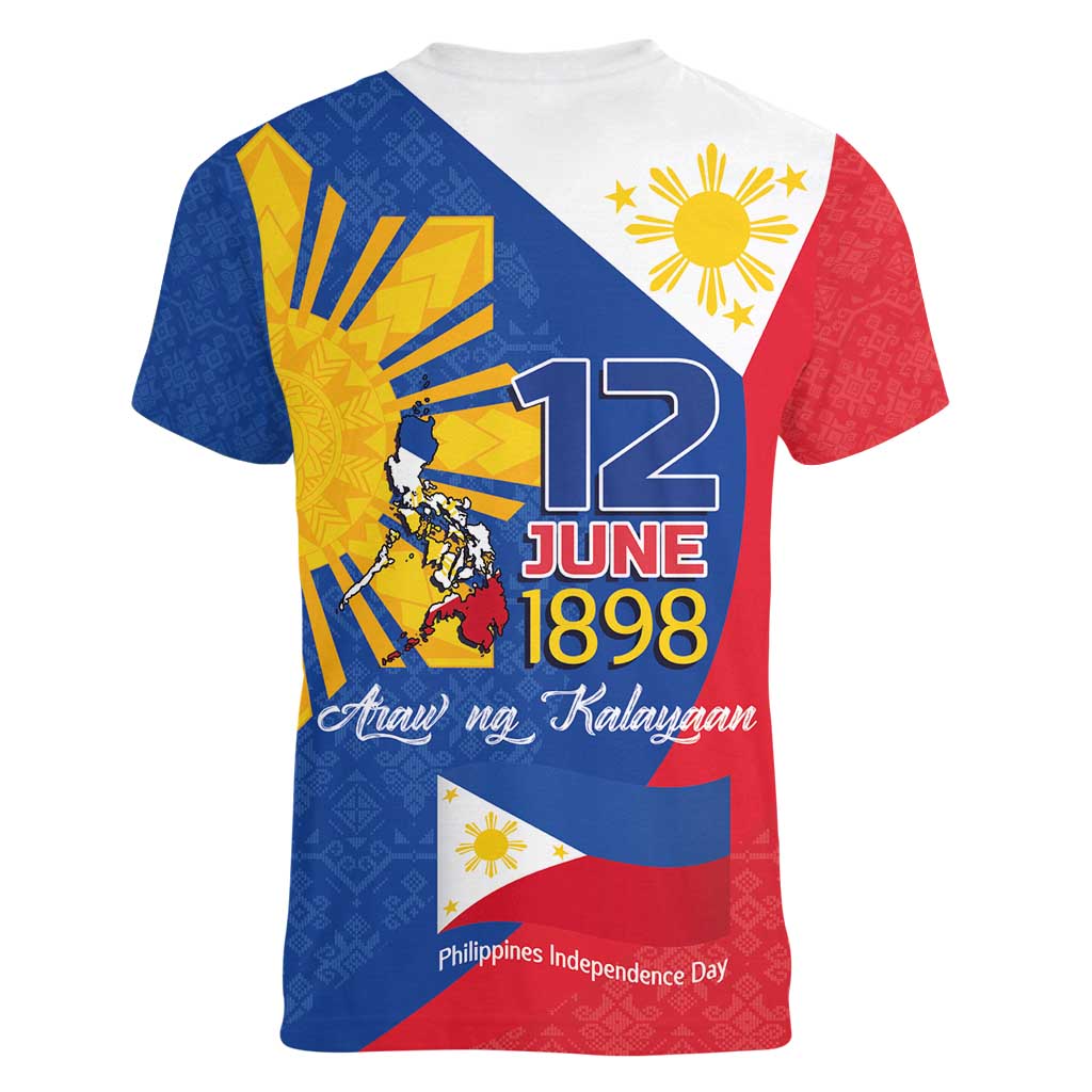 Philippines Independence Day Women V-Neck T-Shirt Araw ng Kalayaan Polynesian Sun and YAKAN Pattern