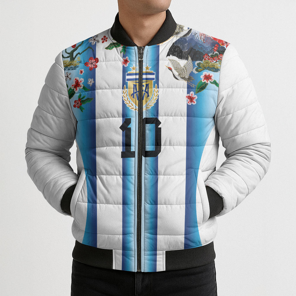 Custom Argentina Football Bomber Puffer Jacket Blokecore-La Albiceleste with Japanese Culture Embroidery Effect