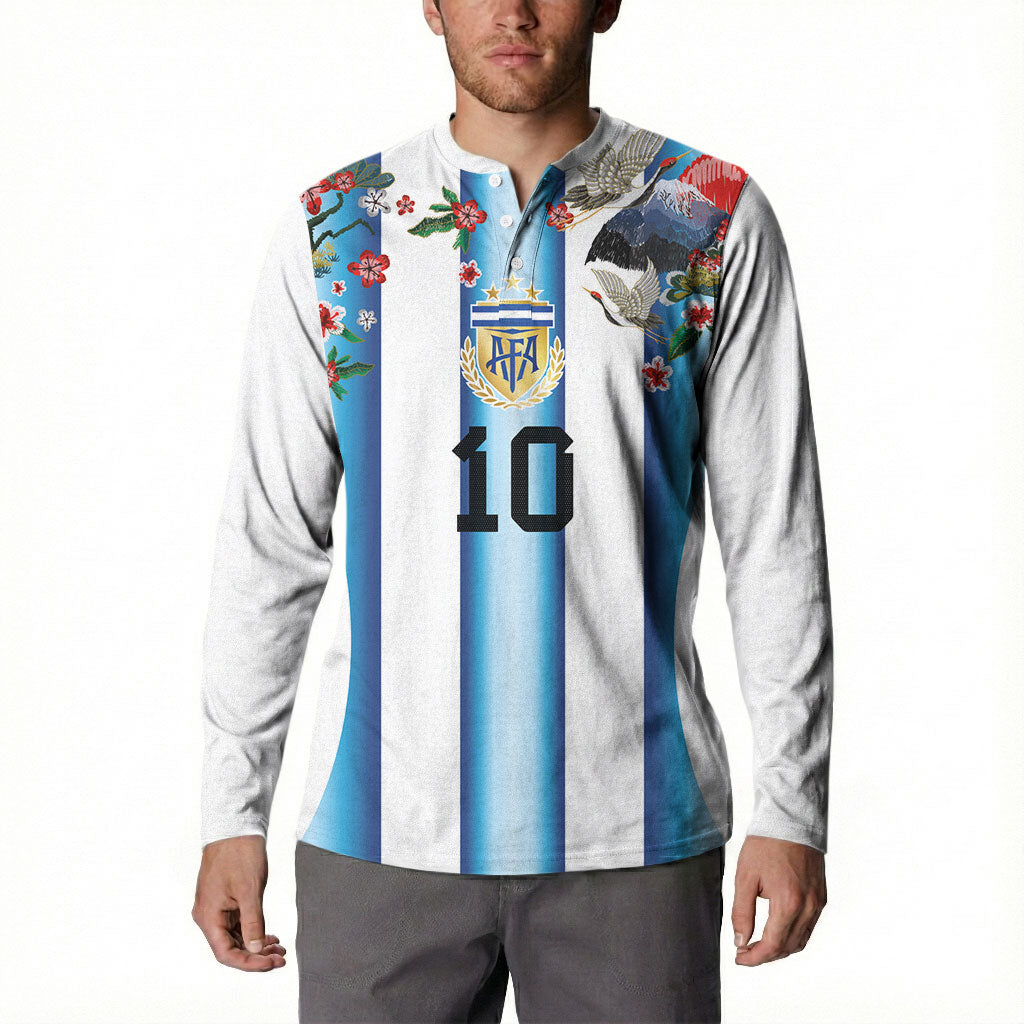 Custom Argentina Football Button Sweatshirt Blokecore-La Albiceleste with Japanese Culture Embroidery Effect