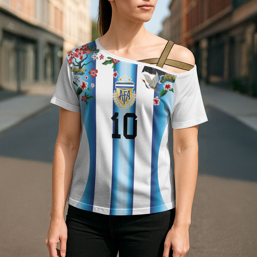 Custom Argentina Football Cross Shoulder Shirt Blokecore-La Albiceleste with Japanese Culture Embroidery Effect