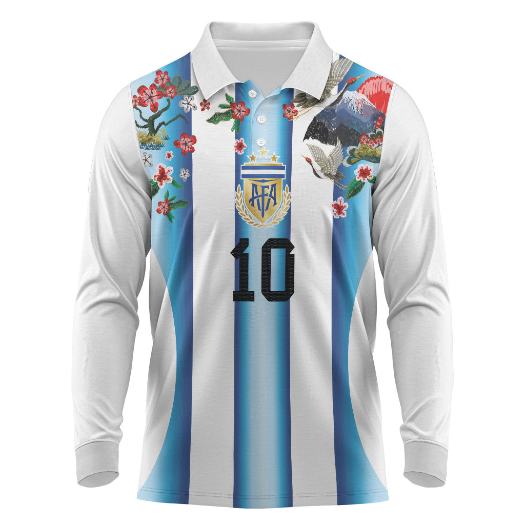 Custom Argentina Football Long Sleeve Polo Shirt Blokecore-La Albiceleste with Japanese Culture Embroidery Effect