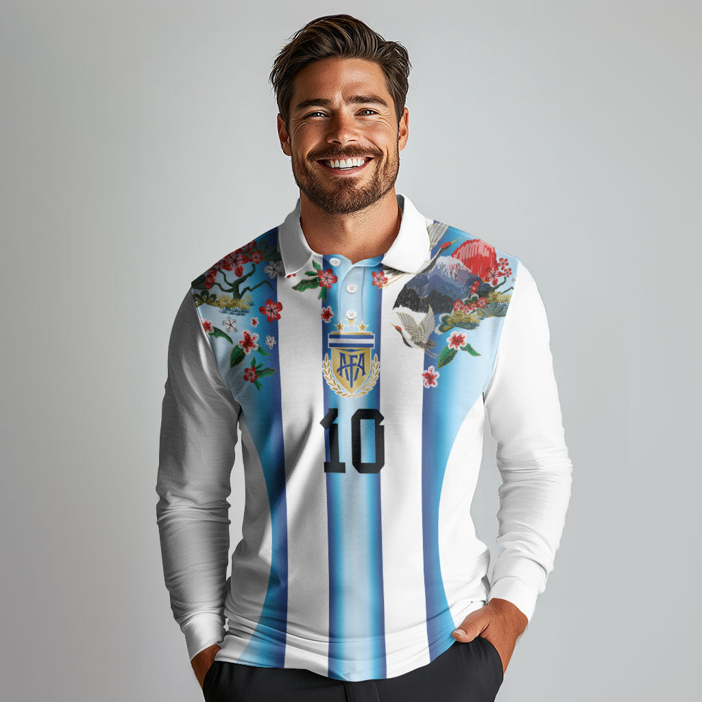 Custom Argentina Football Long Sleeve Polo Shirt Blokecore-La Albiceleste with Japanese Culture Embroidery Effect