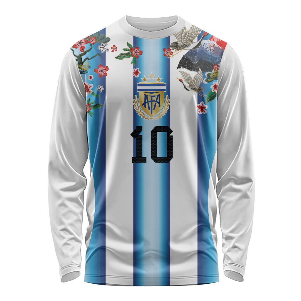 Custom Argentina Football Long Sleeve Shirt Blokecore-La Albiceleste with Japanese Culture Embroidery Effect