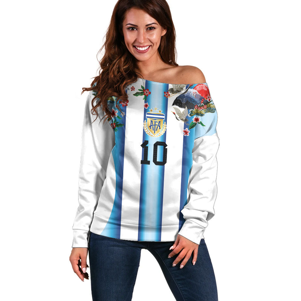 Custom Argentina Football Off Shoulder Sweater Blokecore-La Albiceleste with Japanese Culture Embroidery Effect