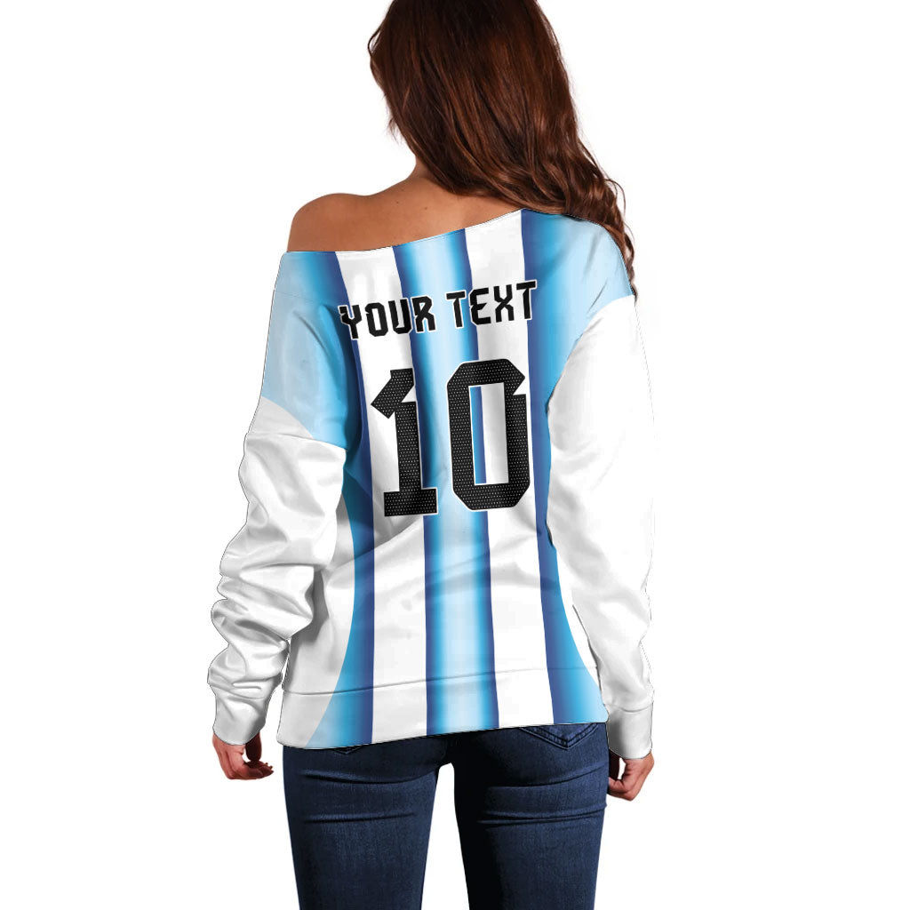 Custom Argentina Football Off Shoulder Sweater Blokecore-La Albiceleste with Japanese Culture Embroidery Effect