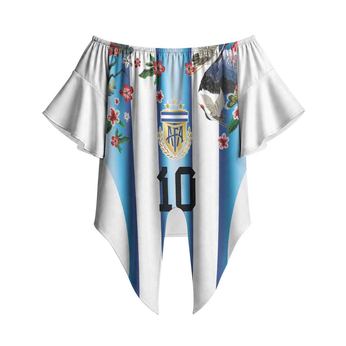 Custom Argentina Football Off Shoulder Wrap Waist Top Blokecore-La Albiceleste with Japanese Culture Embroidery Effect
