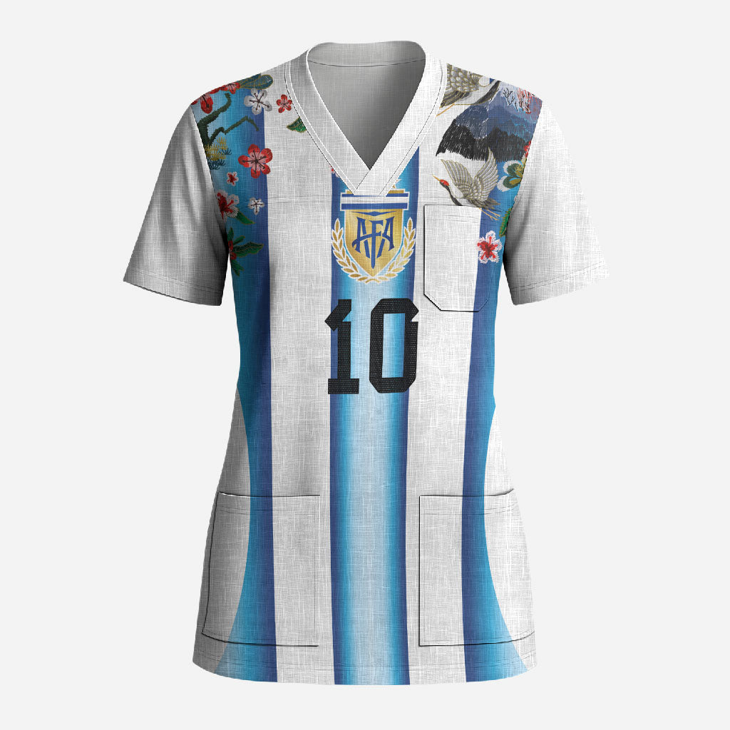 Custom Argentina Football Scrub Top Blokecore-La Albiceleste with Japanese Culture Embroidery Effect