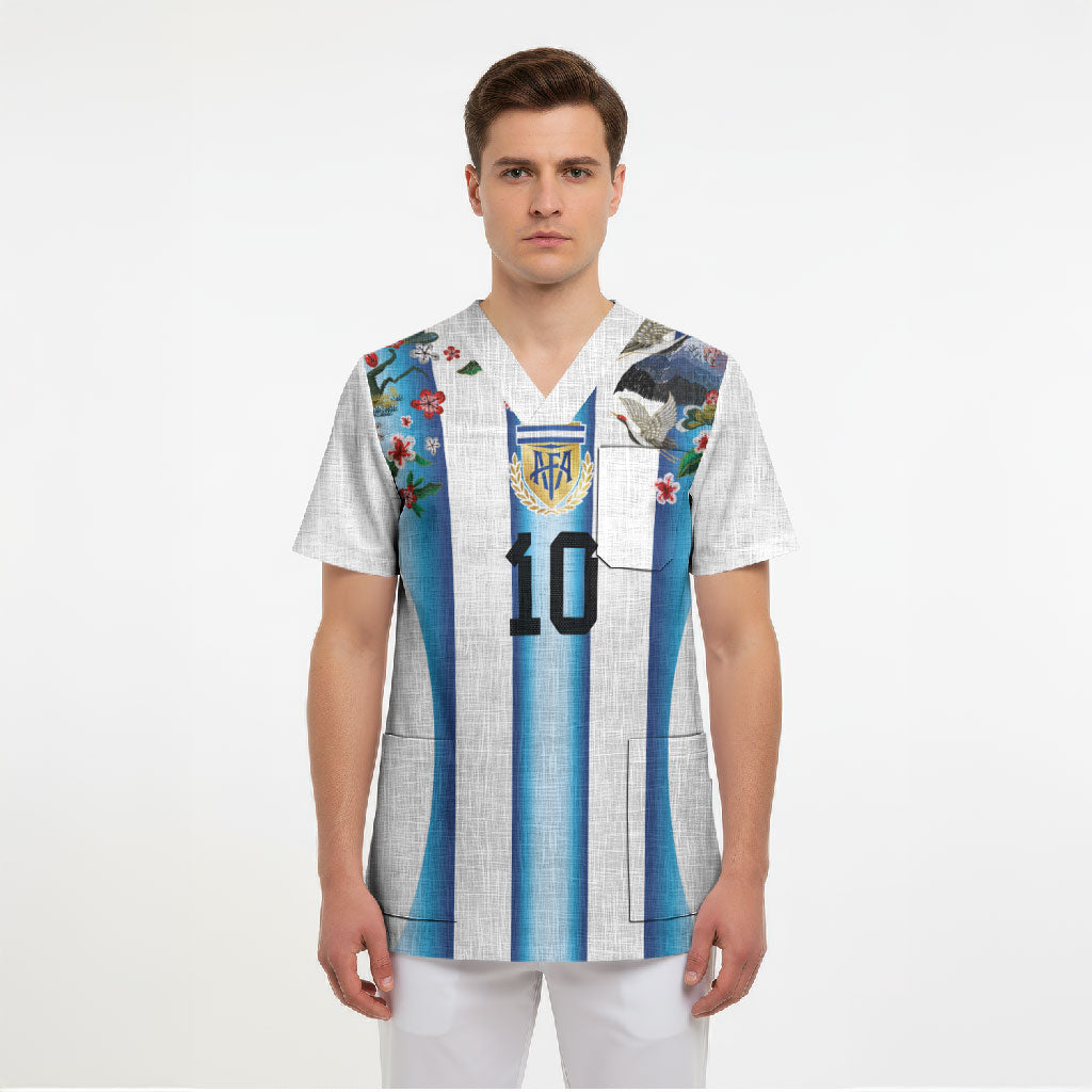 Custom Argentina Football Scrub Top Blokecore-La Albiceleste with Japanese Culture Embroidery Effect