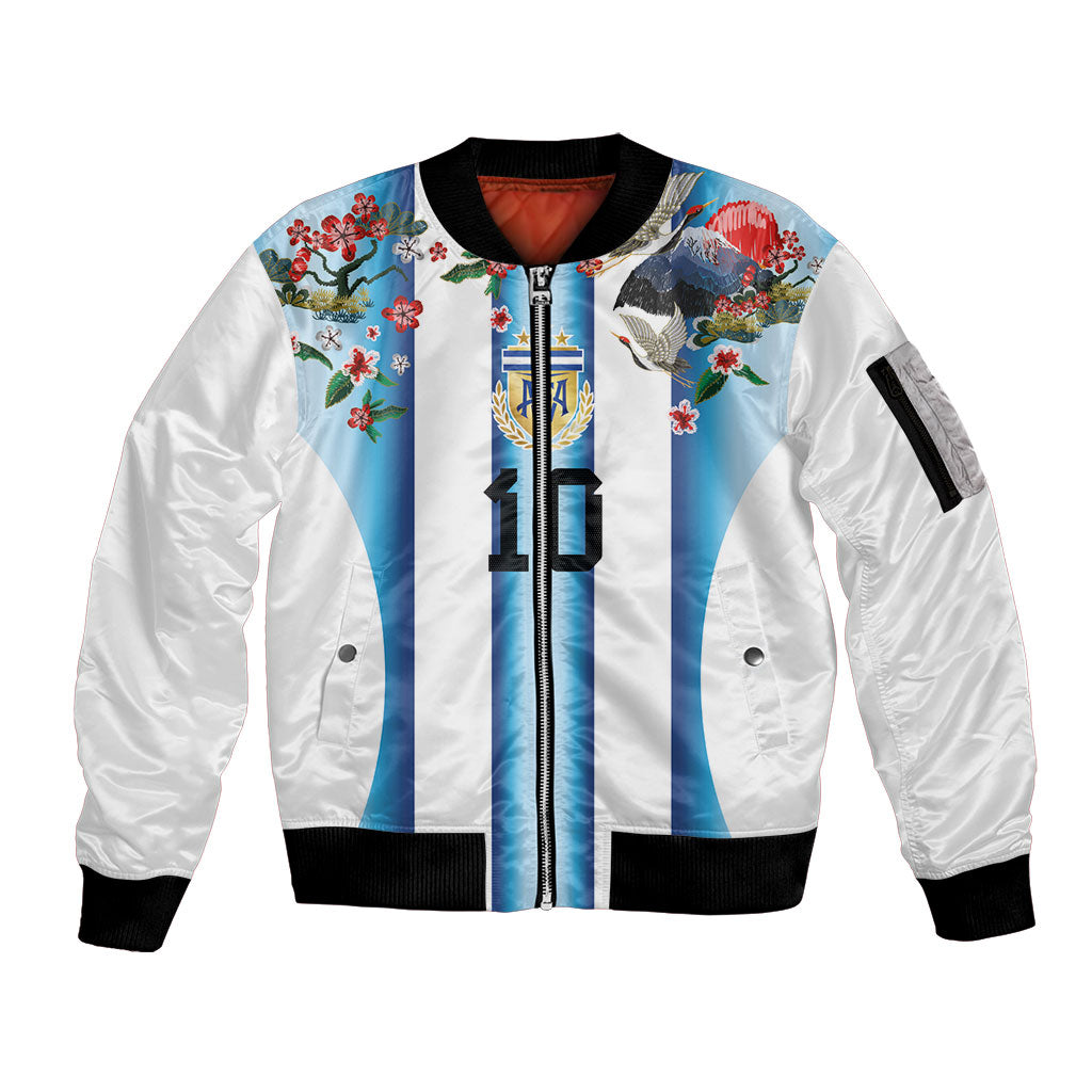 Custom Argentina Football Sleeve Zip Bomber Jacket Blokecore-La Albiceleste with Japanese Culture Embroidery Effect