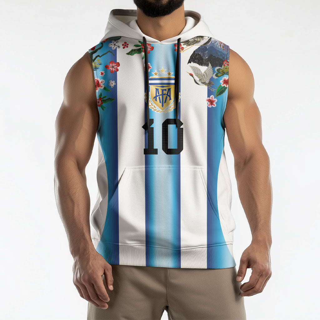 Custom Argentina Football Sleeveless Hoodie Blokecore-La Albiceleste with Japanese Culture Embroidery Effect