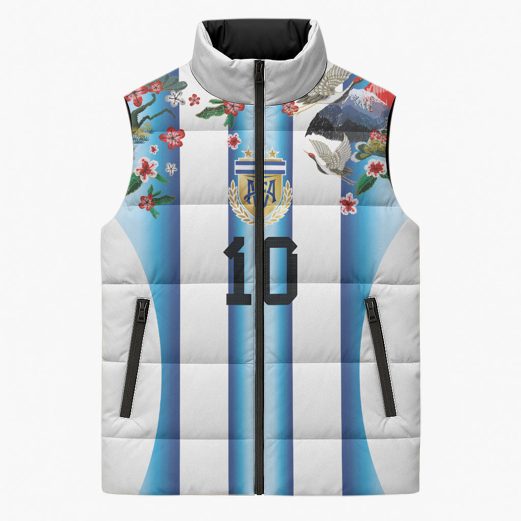 Custom Argentina Football Sleeveless Puffer Jacket Blokecore-La Albiceleste with Japanese Culture Embroidery Effect