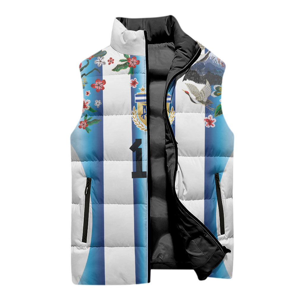 Custom Argentina Football Sleeveless Puffer Jacket Blokecore-La Albiceleste with Japanese Culture Embroidery Effect