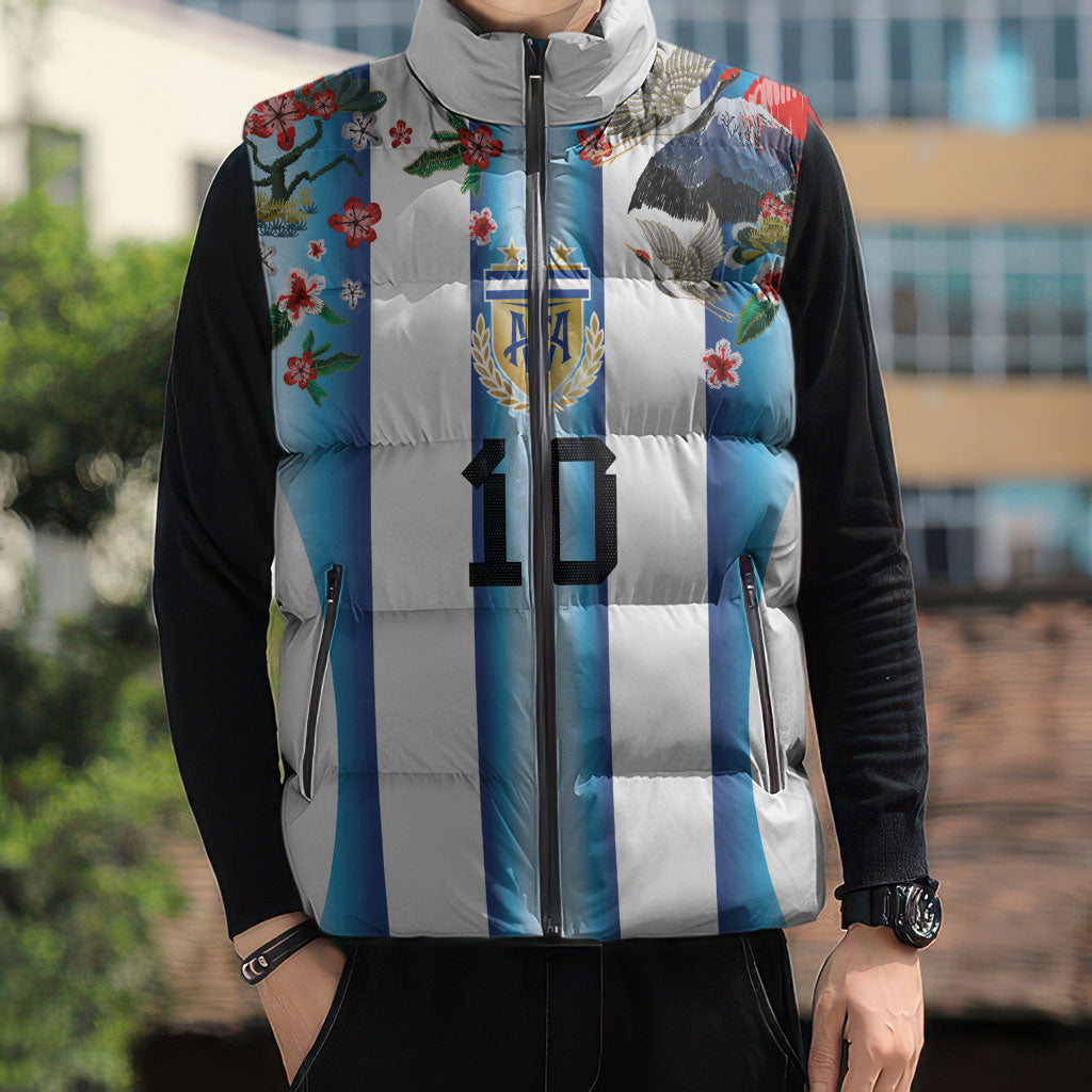 Custom Argentina Football Sleeveless Puffer Jacket Blokecore-La Albiceleste with Japanese Culture Embroidery Effect