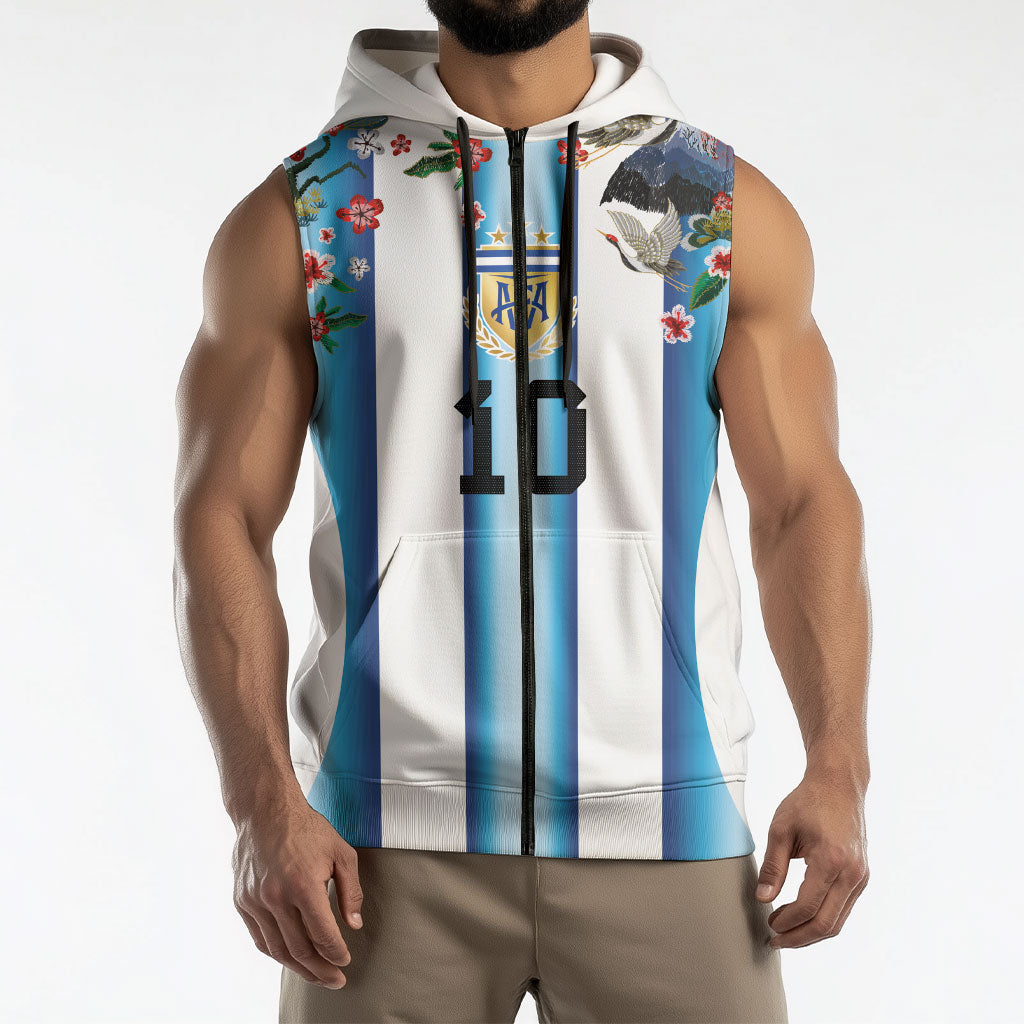 Custom Argentina Football Sleeveless Zip Hoodie Blokecore-La Albiceleste with Japanese Culture Embroidery Effect