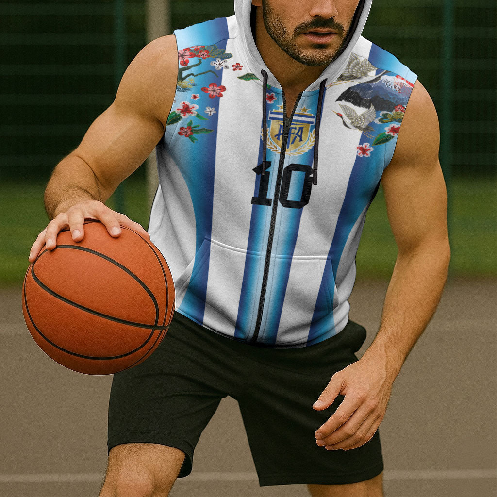 Custom Argentina Football Sleeveless Zip Hoodie Blokecore-La Albiceleste with Japanese Culture Embroidery Effect