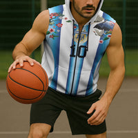 Custom Argentina Football Sleeveless Zip Hoodie Blokecore-La Albiceleste with Japanese Culture Embroidery Effect
