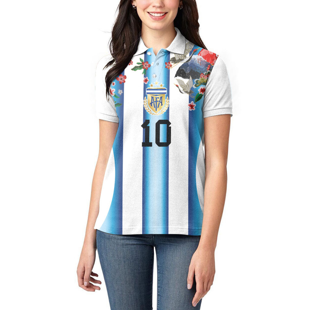 Custom Argentina Football Women Polo Shirt Blokecore-La Albiceleste with Japanese Culture Embroidery Effect