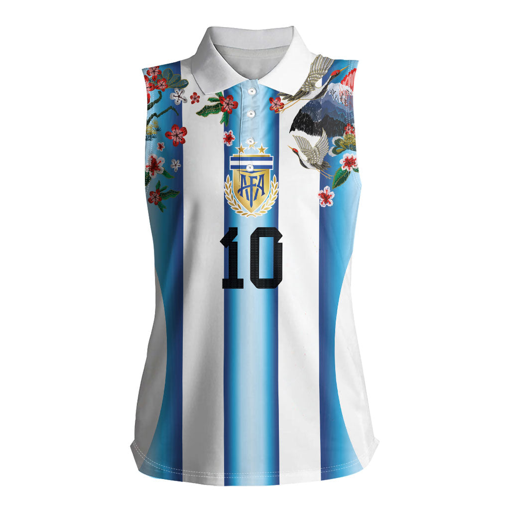 Custom Argentina Football Women Sleeveless Polo Shirt Blokecore-La Albiceleste with Japanese Culture Embroidery Effect