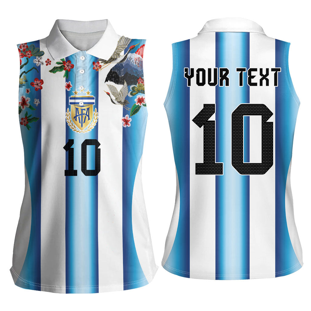 Custom Argentina Football Women Sleeveless Polo Shirt Blokecore-La Albiceleste with Japanese Culture Embroidery Effect