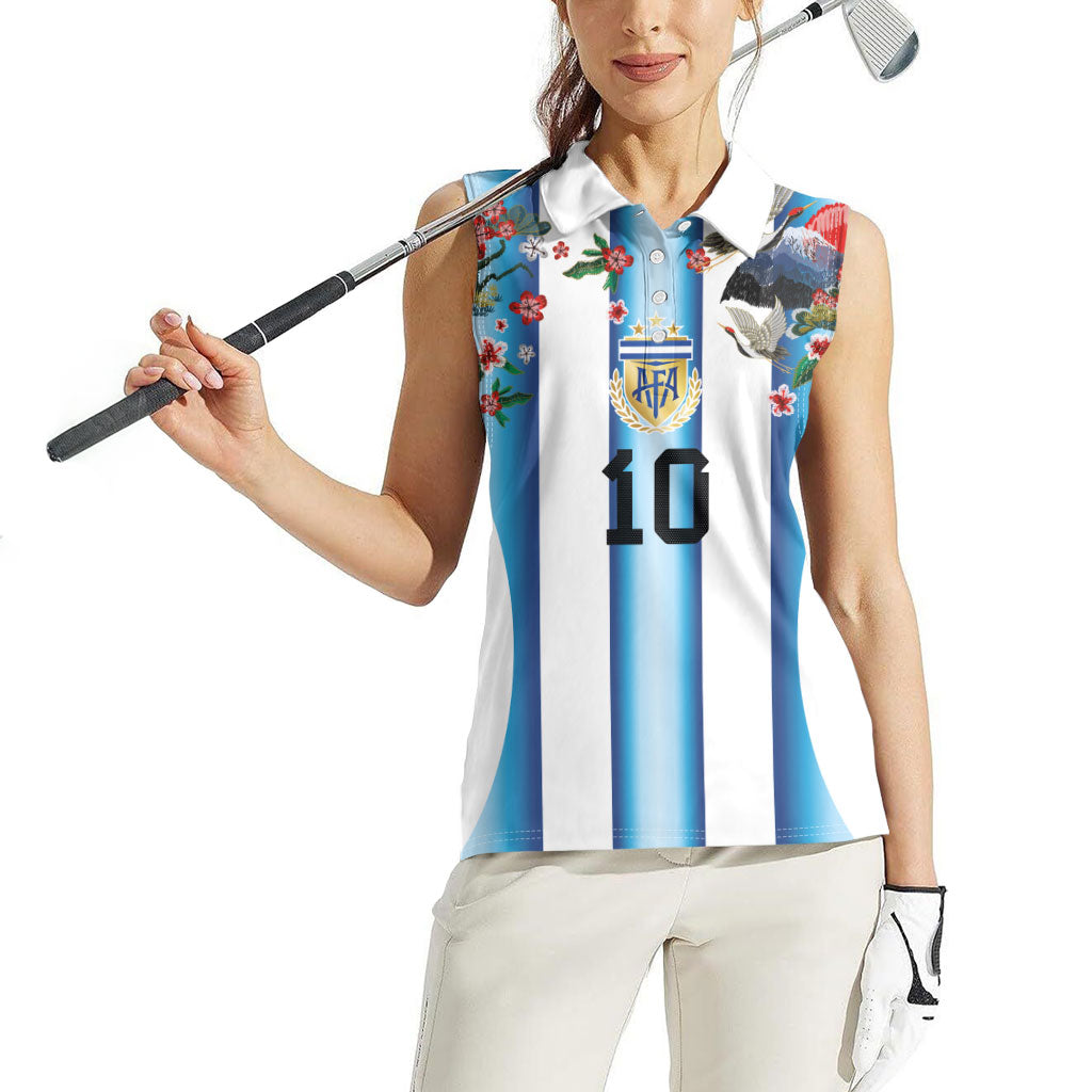 Custom Argentina Football Women Sleeveless Polo Shirt Blokecore-La Albiceleste with Japanese Culture Embroidery Effect