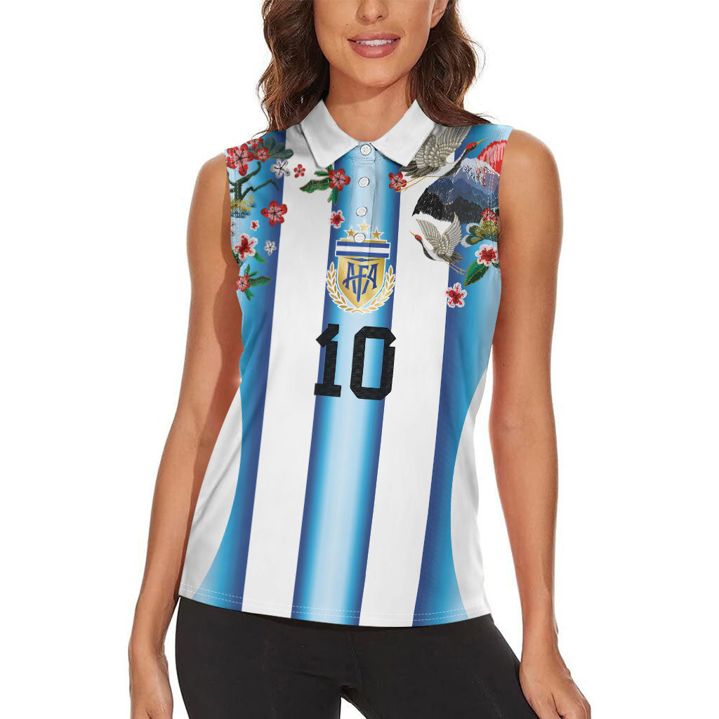 Custom Argentina Football Women Sleeveless Polo Shirt Blokecore-La Albiceleste with Japanese Culture Embroidery Effect