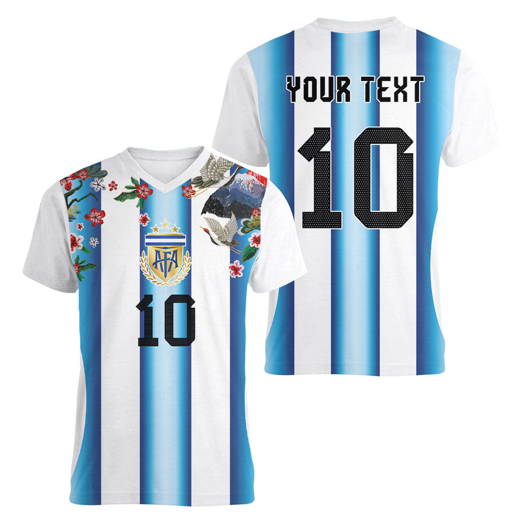 Custom Argentina Football Women V-Neck T-Shirt Blokecore-La Albiceleste with Japanese Culture Embroidery Effect