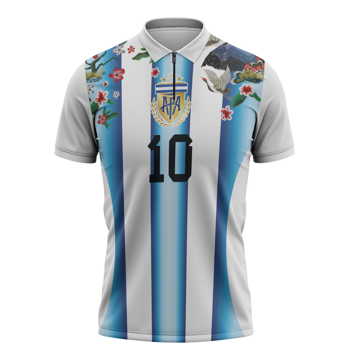 Custom Argentina Football Zipper Polo Shirt Blokecore-La Albiceleste with Japanese Culture Embroidery Effect