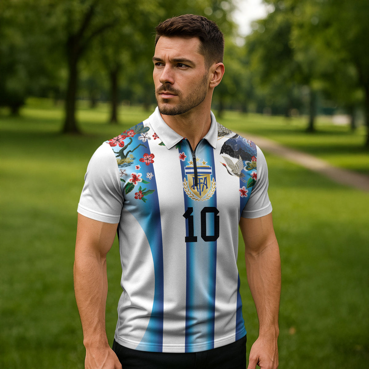 Custom Argentina Football Zipper Polo Shirt Blokecore-La Albiceleste with Japanese Culture Embroidery Effect