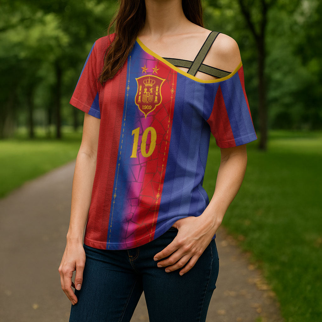 Custom Spain Football Cross Shoulder Shirt Blaugrana Mosaic-Inspired Barcelona Architecture