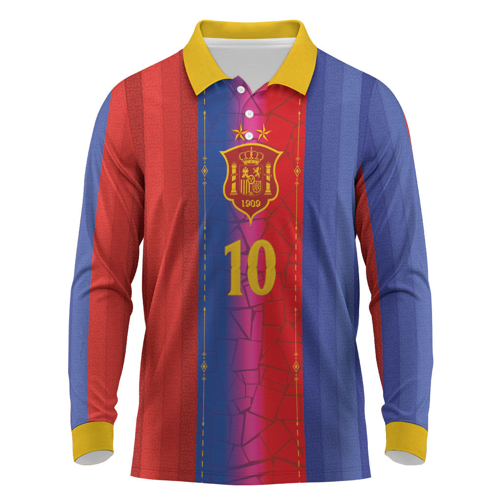 Custom Spain Football Long Sleeve Polo Shirt Blaugrana Mosaic-Inspired Barcelona Architecture