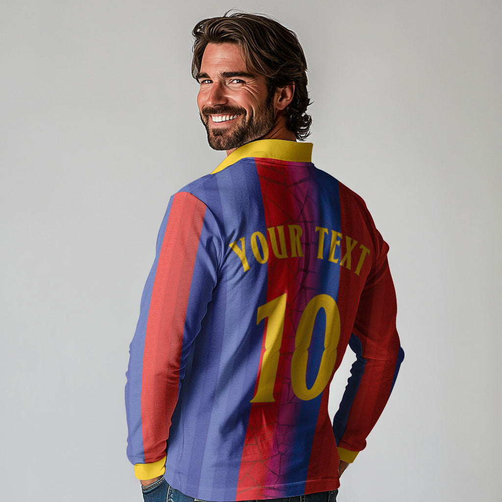 Custom Spain Football Long Sleeve Polo Shirt Blaugrana Mosaic-Inspired Barcelona Architecture