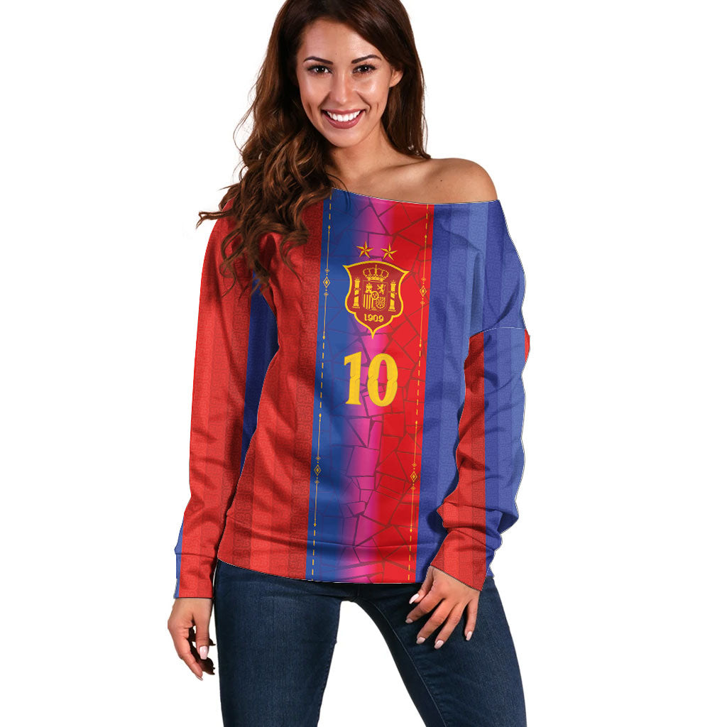Custom Spain Football Off Shoulder Sweater Blaugrana Mosaic-Inspired Barcelona Architecture