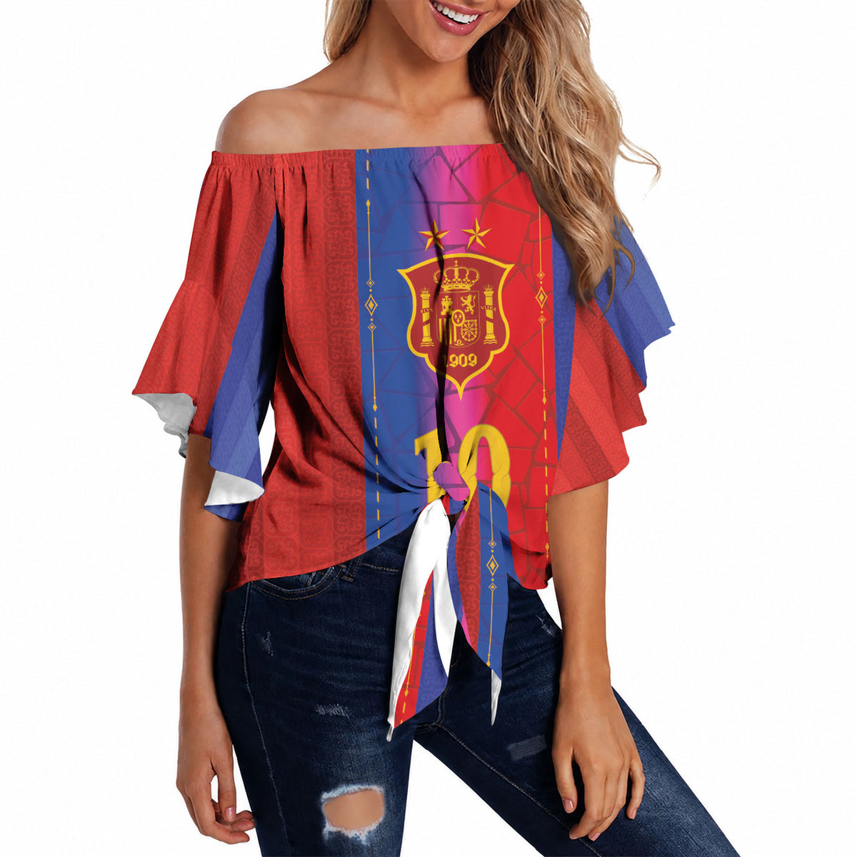 Custom Spain Football Off Shoulder Wrap Waist Top Blaugrana Mosaic-Inspired Barcelona Architecture