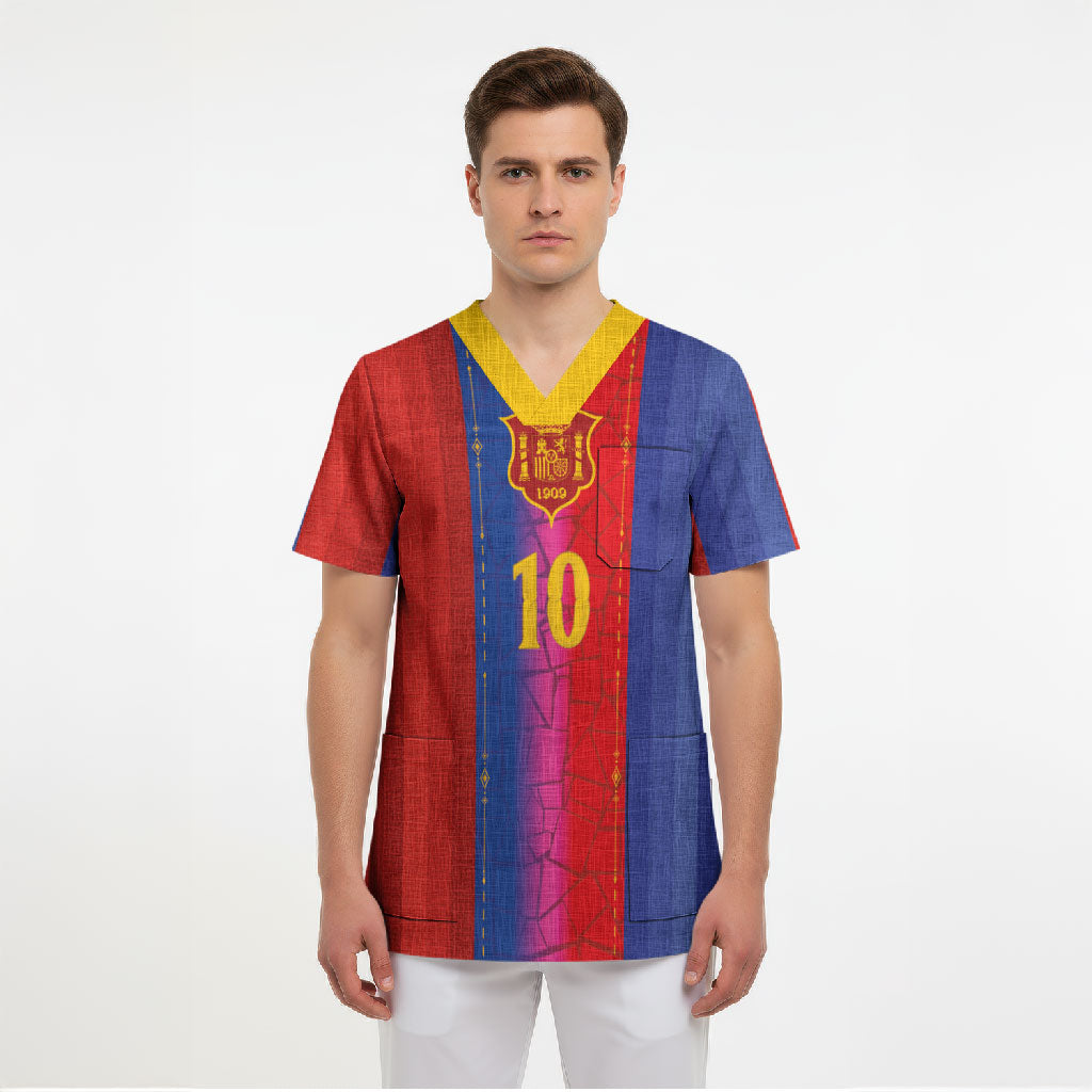 Custom Spain Football Scrub Top Blaugrana Mosaic-Inspired Barcelona Architecture