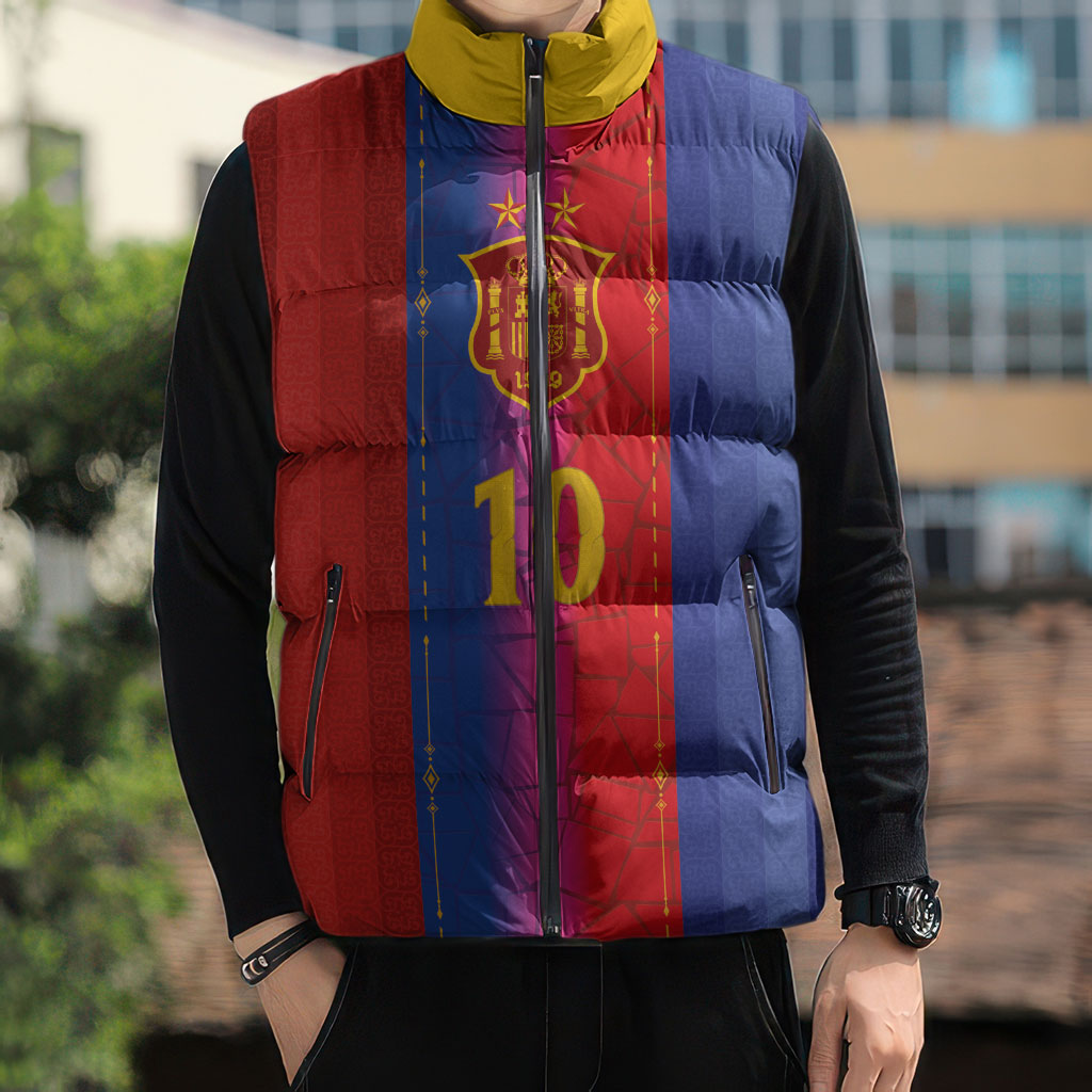 Custom Spain Football Sleeveless Puffer Jacket Blaugrana Mosaic-Inspired Barcelona Architecture