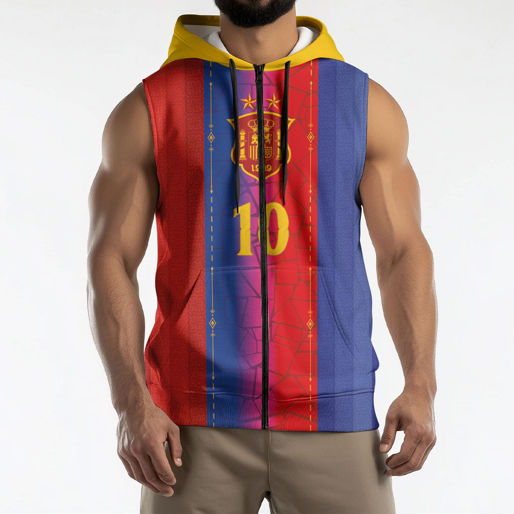 Custom Spain Football Sleeveless Zip Hoodie Blaugrana Mosaic-Inspired Barcelona Architecture