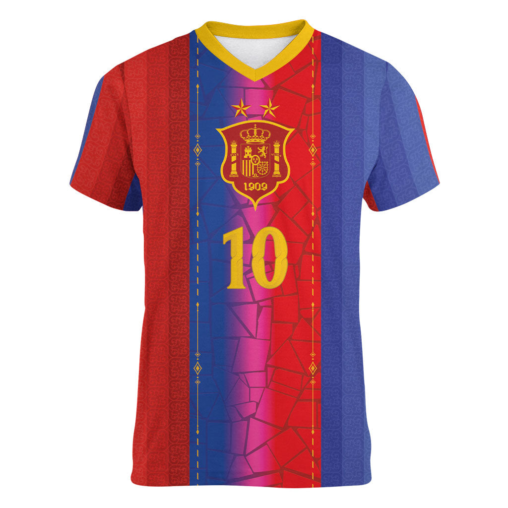 Custom Spain Football Women V-Neck T-Shirt Blaugrana Mosaic-Inspired Barcelona Architecture