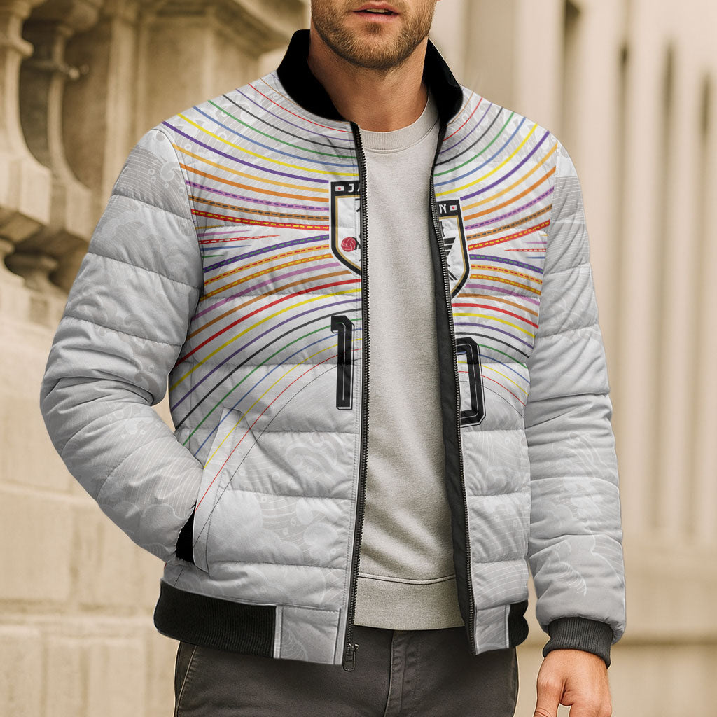 Custom Japan Football Bomber Puffer Jacket Traditional Japanese Waves Rainbow Sashiko Effect
