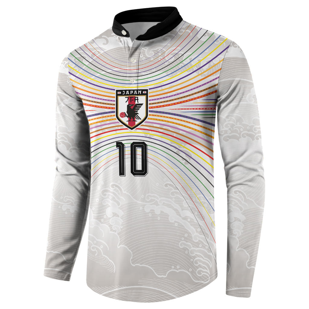 Custom Japan Football Button Sweatshirt Traditional Japanese Waves Rainbow Sashiko Effect