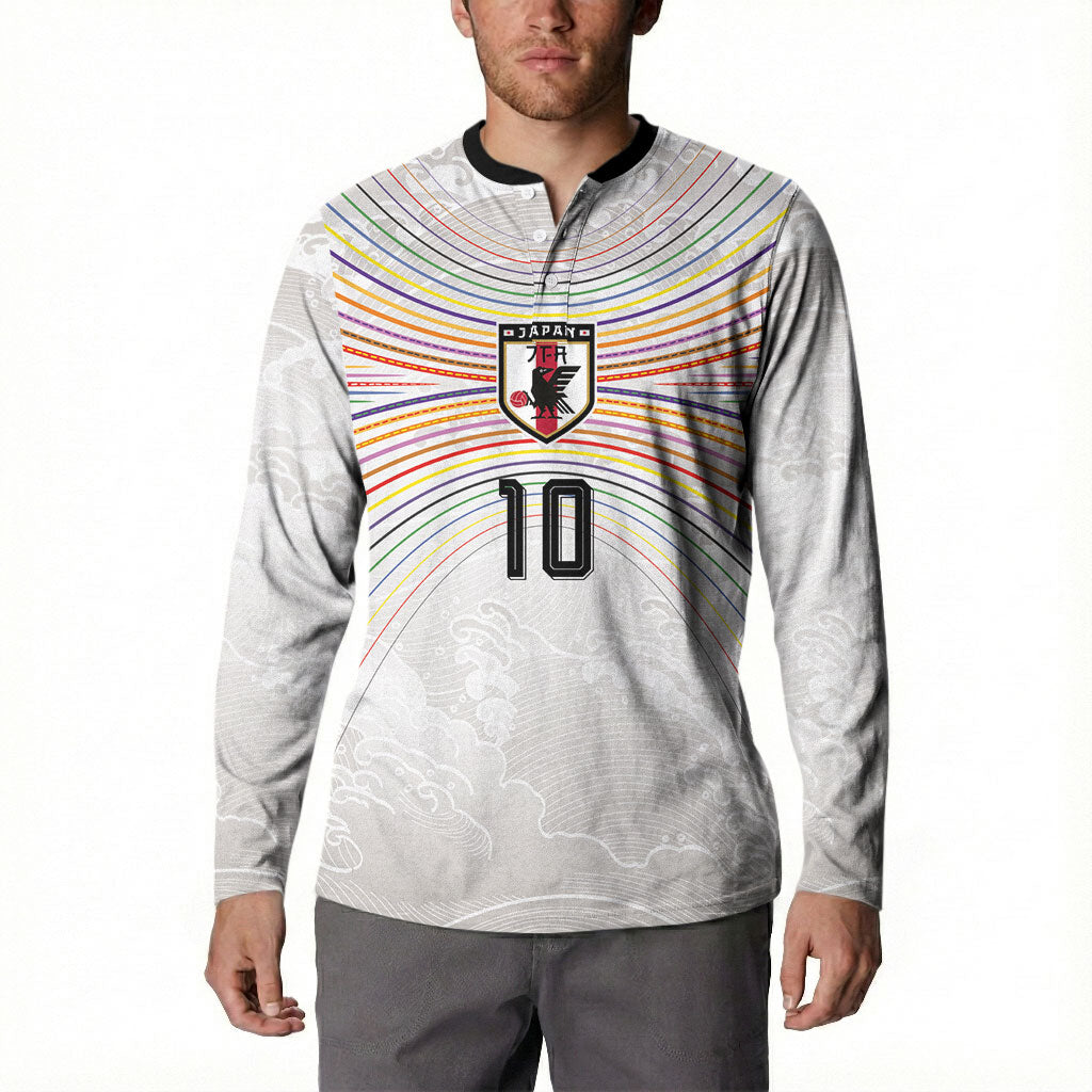 Custom Japan Football Button Sweatshirt Traditional Japanese Waves Rainbow Sashiko Effect