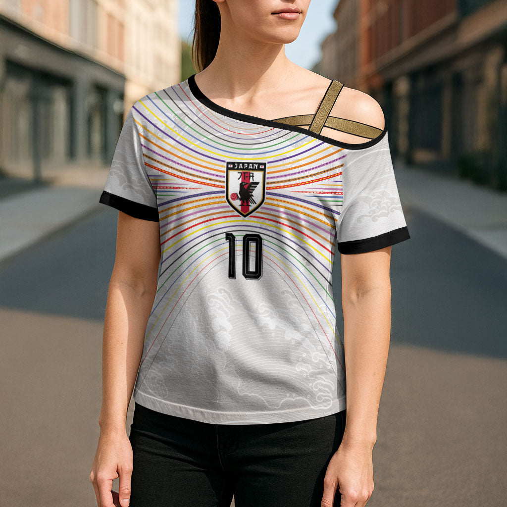 Custom Japan Football Cross Shoulder Shirt Traditional Japanese Waves Rainbow Sashiko Effect