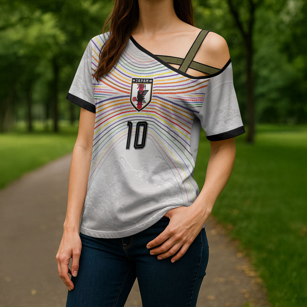 Custom Japan Football Cross Shoulder Shirt Traditional Japanese Waves Rainbow Sashiko Effect