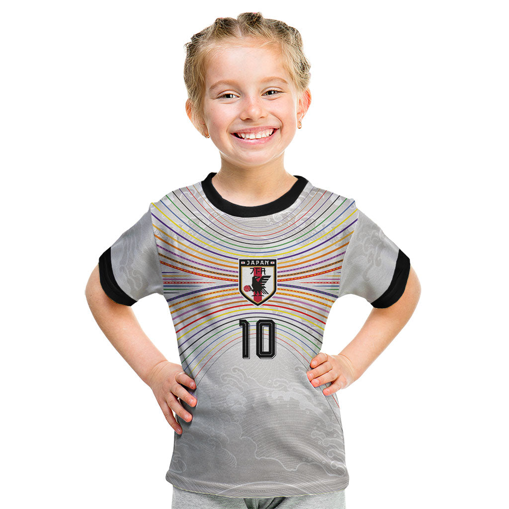 Custom Japan Football Kid T Shirt Traditional Japanese Waves Rainbow Sashiko Effect